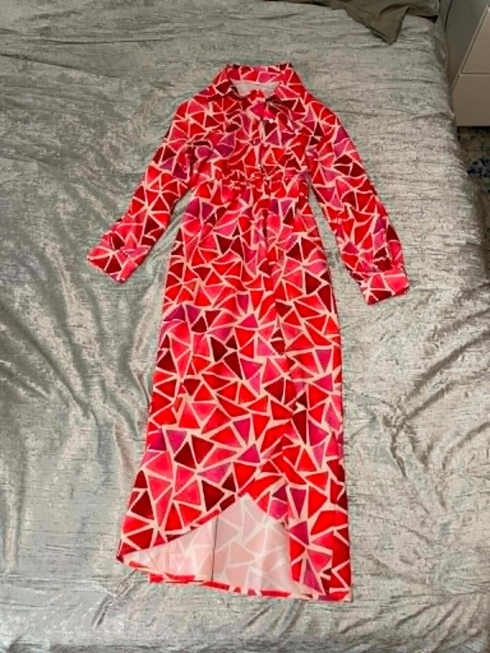 Shein Red geometric button up work shirt dress